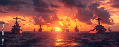 Majestic Navy Fleet Performing Dusk Maritime with Silhouetted Vessels Amid Dramatic Sunset Skyscape