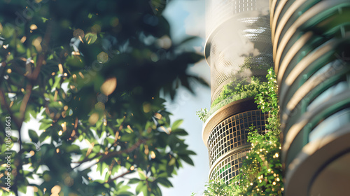 An air purifying tower designed to filter urban pollution and produce clean air with integrated green technology. photo
