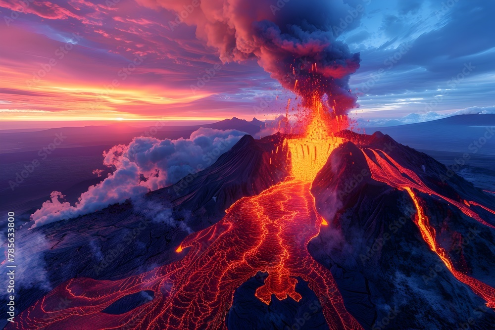 Fototapeta premium Volcano Eruption Spewing Vibrant Lava Flows and Ash Clouds in Dramatic Twilight Sky Showcasing Nature s Raw Power