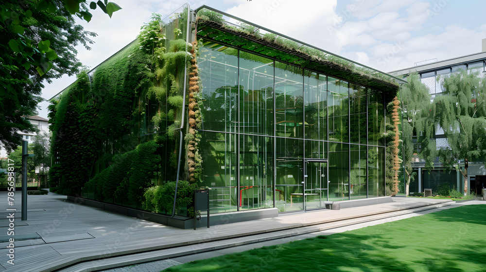 An algae-powered building with bio-reactive facades producing oxygen and biofuel.