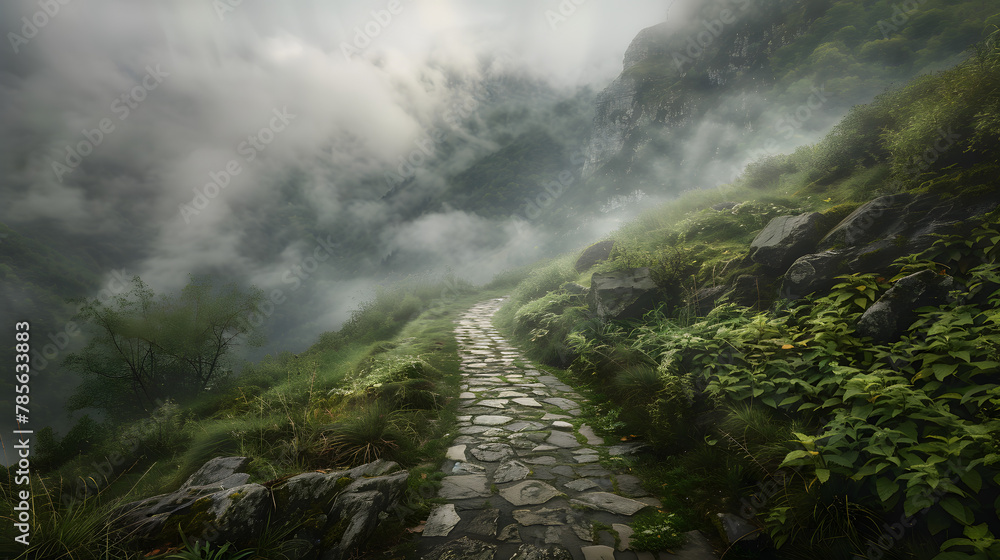 An ancient stone path winding through mist-covered mountains inviting travelers to journey through time and explore historical landscapes steeped in mystery.