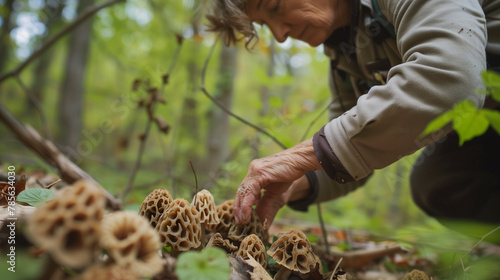 Woman harvesting morel mushrooms in a forest. photo