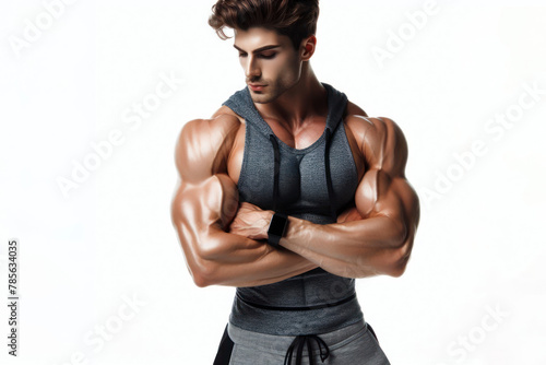 Handsome muscular man in fitness outfit isolated on bright white background with copy space