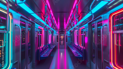 The interior of a subway train lit by vibrant neon lights captured in a long exposure to emphasize speed and movement all while maintaining a calming