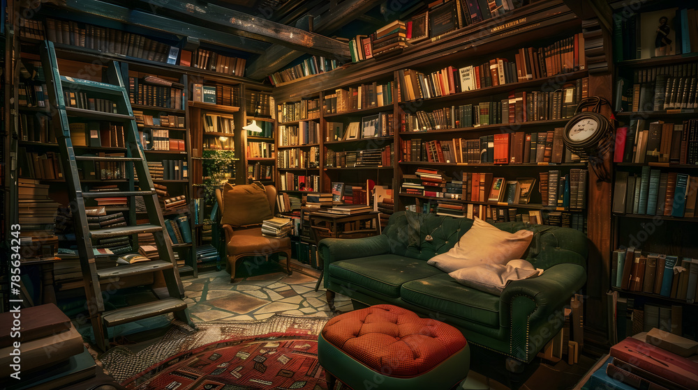 An antique bookstore with labyrinthine aisles of books and a cozy reading nook.