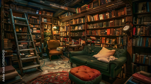 An antique bookstore with labyrinthine aisles of books and a cozy reading nook.