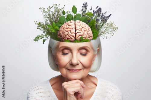 senior woman with herbs and brain on her head with healthy thoughts on a white background