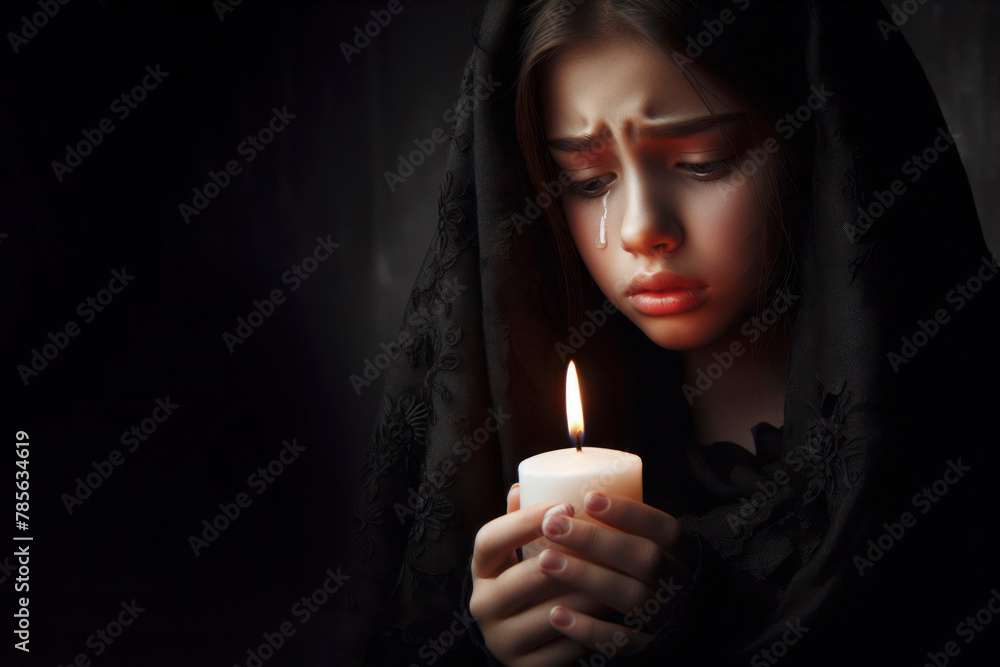a girl crying in mourning in a black scarf on her head hold a burning candle on a black background a girl crying in mourning in a black scarf on her head hold a burning candle on a black background