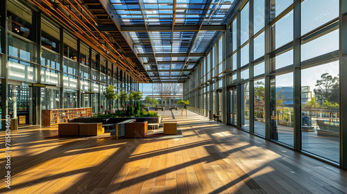 An architecturally significant library that uses transparent photovoltaic glass allowing natural light to permeate the interior while generating clean energy. photo