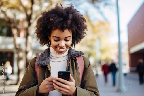 Young woman smiling and using phone on city street