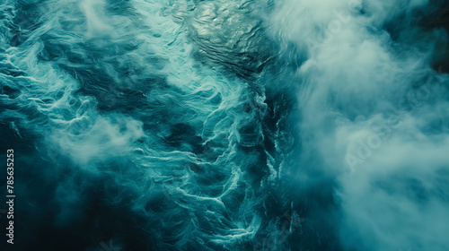 Aerial View of Flowing Landscapes with Blue Smoke on an Alien Planet. Beautiful Abstract Backdrop.