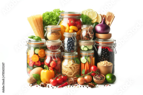 jars filled with assorted food items for meal preparation or storage isolated on white background