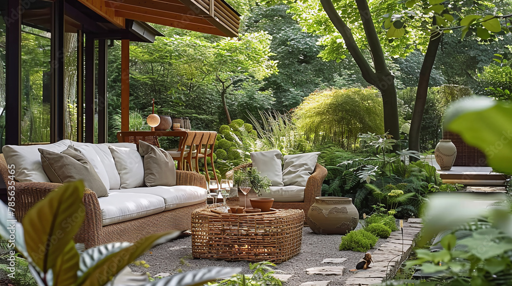 Obraz premium beautiful chic and minimalist set of exterior furniture in a landscape-design backyard or garden, wicker and wood materials