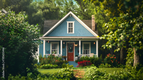 Inventive Exterior Paint Ideas: Vibrant Red Door with Serene Blue Building Surrounded by Green Landscapes