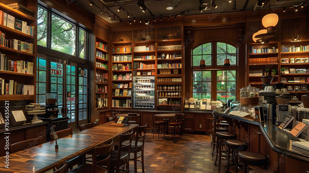 An artisanal coffee bar within a bookstore creating a serene environment for reading and relaxation with a carefully curated selection of books and specialty coffees. An artisanal coffee bar within a bookstore creating a serene environment for reading and relaxation with a carefully curated selection of books and specialty coffees.