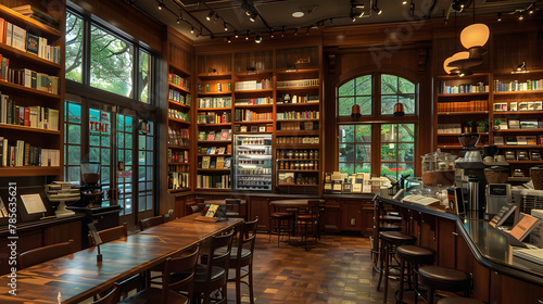 An artisanal coffee bar within a bookstore creating a serene environment for reading and relaxation with a carefully curated selection of books and specialty coffees. photo