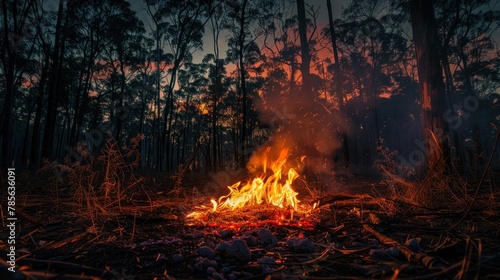 An image of a burning fire in a forest at night