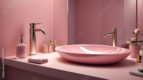 A photorealistic image showcasing an elegant pink bathroom sink and faucet, designed in a modern style. The focus should be on the sleek design of the sink and faucet, highlighting the elegant pink co