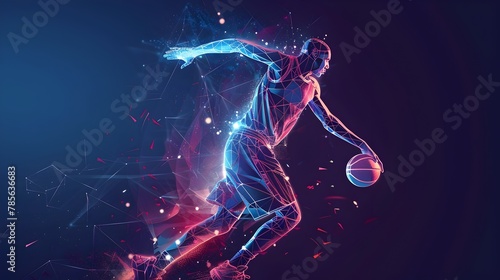 Athletic Basketball Players in Low Poly Neon Wireframe Style: A Dynamic Fusion of Art and Intensity