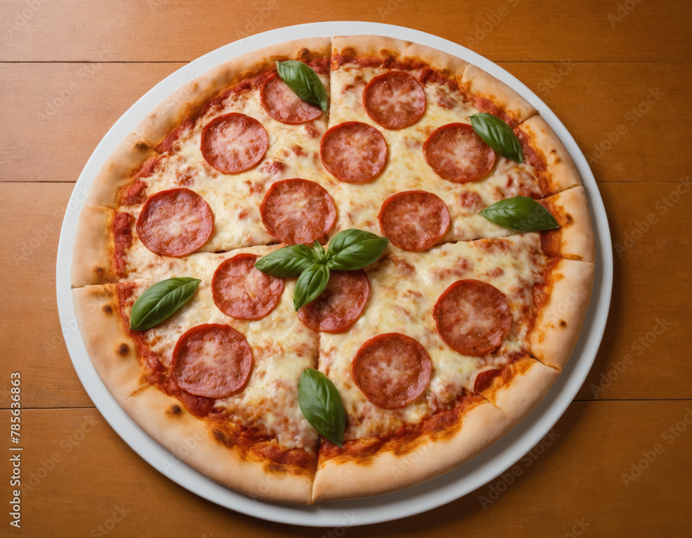 Homemade Pepperoni Pizza with Basil on Wooden Table