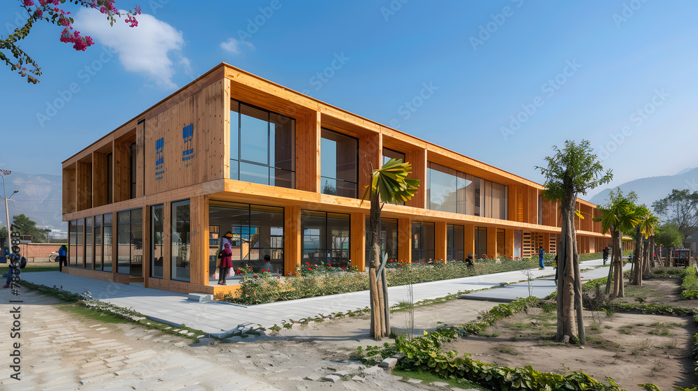 An earthquake-resilient school built with flexible materials and base isolation techniques designed to provide a safe learning environment in seismic zones.