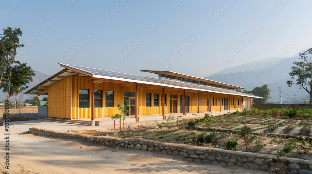 An earthquake-resilient school built with flexible materials and base isolation techniques designed to provide a safe learning environment in seismic zones.