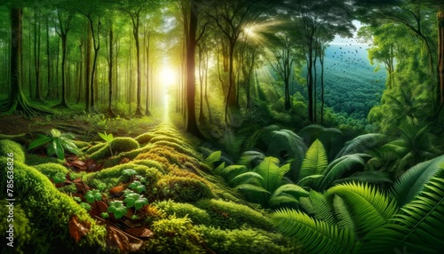 Sunrise in a Lush Green Forest with Ferns photo