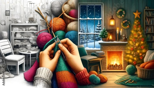 Cozy Winter Knitting by the Fireplace photo