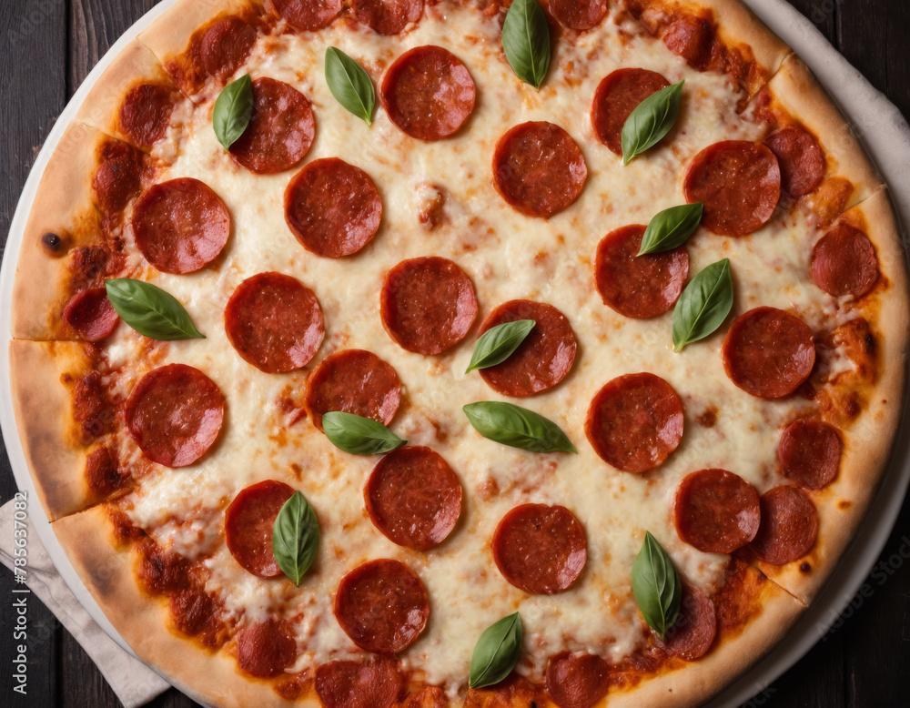 Top View of Delicious Pepperoni Pizza with Fresh Basil Top View of Delicious Pepperoni Pizza with Fresh Basil