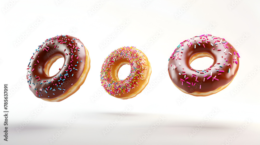 Donuts with sprinkles flying on white background. Donuts with sprinkles flying on white background.