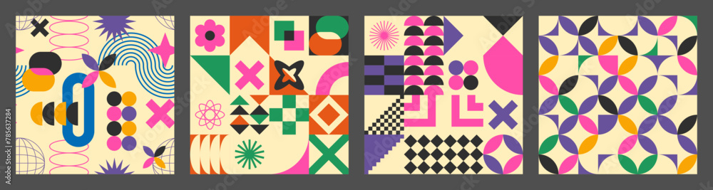 Abstract simple geometric seamless pattern with figure, form, shapes, circle and lines in Bauhaus style. Vibrant grunge geometry brutalism y2k 2000s print. Modern collage vector illustration Abstract simple geometric seamless pattern with figure, form, shapes, circle and lines in Bauhaus style. Vibrant grunge geometry brutalism y2k 2000s print. Modern collage vector illustration