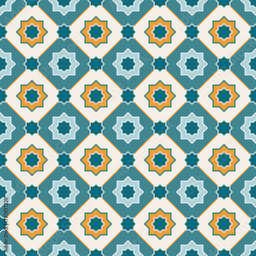 Arabic geometric mosaic printable seamless pattern with abstract Moroccan print in blue and orange colors. Ramadan Kareem Traditional Islamic art Illustration background