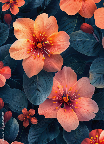 A cluster of vivid orange hibiscus flowers  each with prominent yellow stamens  stands out against a backdrop of dark green foliage. The arrangement captures the natural beauty and detail 