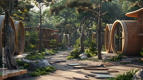 An eco-village designed for digital nomads featuring off-grid living communal workspaces and a focus on sustainable and remote working lifestyles. photo