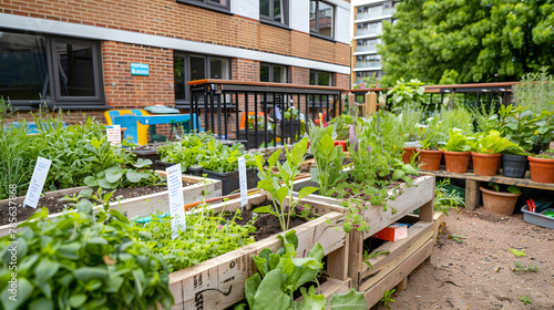 An educational balcony herb garden designed for children with interactive labels and simple gardening tools encouraging young gardeners to learn about plant growth and care. photo