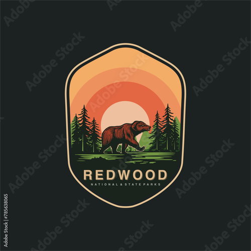 Emblem sticker patch logo illustration of Redwood National Park on dark background, forest vector badge