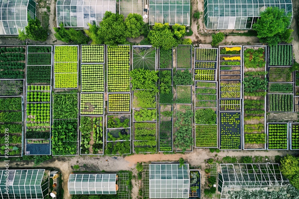 An aerial view of a large urban farm on a rooftop, demonstrating efficient use of urban space