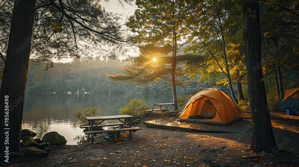 summertime camping in the woods with a yellow tent in secluded nature park 
