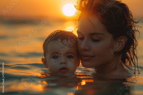 Mother with a serene expression holding her child in the ocean at sunset © Larisa AI