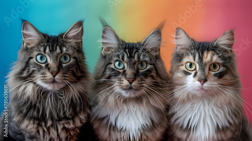 Trio of Maine Coon Cats Against Rainbow Backdrop