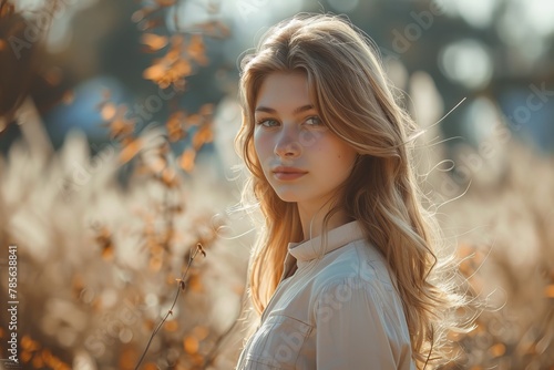 A serene blonde woman in a white shirt in a field lit by sunset light photo