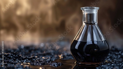 Scientific research concept with a clear glass flask filled with black crude oil, symbolizing petroleum testing, energy resources, and chemical analysis. photo