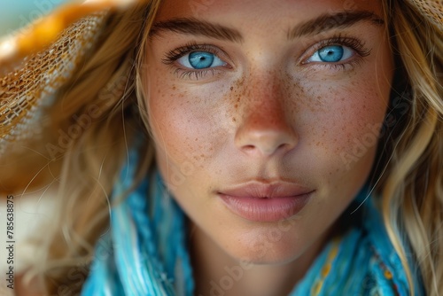 A striking close-up of a woman with blue eyes and freckles wearing a straw hat photo