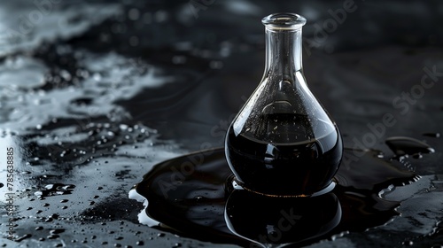 Scientific research concept with a clear glass flask filled with black crude oil, symbolizing petroleum testing, energy resources, and chemical analysis. photo