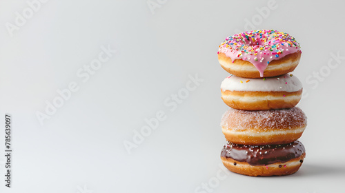 Stack of many strawberry pink sprinkle donuts on white background space for text