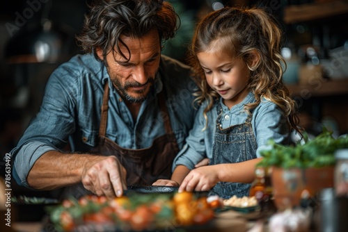 Dad teaching his daughter to cook in a homely kitchen