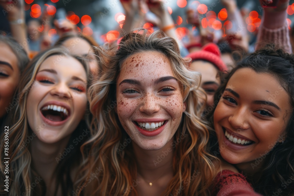 A cheerful group of young adults at an outdoor festival, taking a selfie with joy and excitement A cheerful group of young adults at an outdoor festival, taking a selfie with joy and excitement