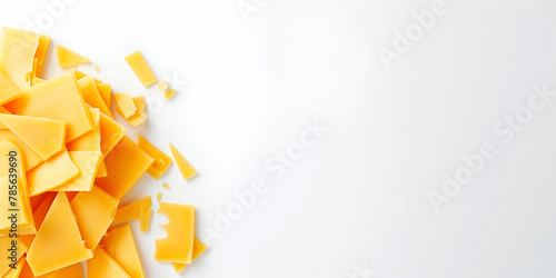Slices of cheese on the left on a white background, copy space photo