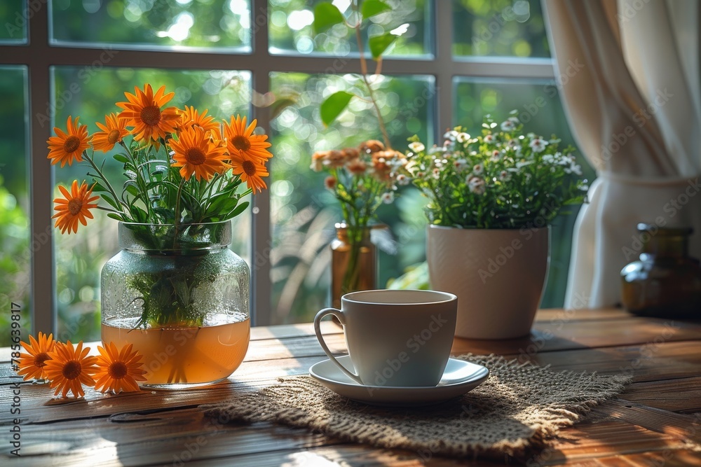 A calming scene featuring a bouquet of orange flowers in a glass vase alongside a steaming cup of tea on a rustic woven mat A calming scene featuring a bouquet of orange flowers in a glass vase alongside a steaming cup of tea on a rustic woven mat