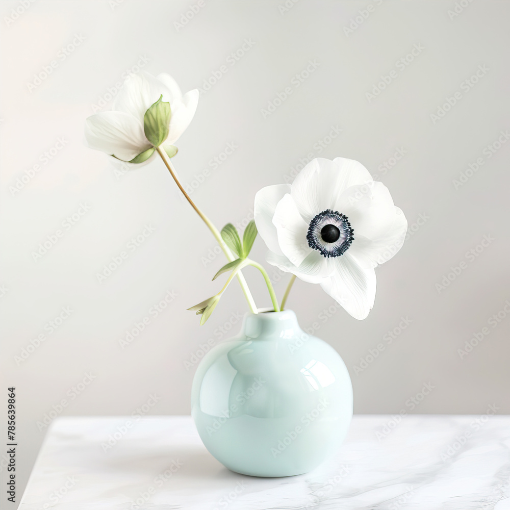 Two white flowers in a blue vase on a white background
Two white flowers in a blue vase on a white background